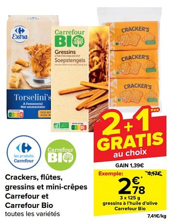 Promoties Gressins à l’huile d’olive carrefour bio - Huismerk - Carrefour  - Geldig van 17/04/2024 tot 29/04/2024 bij Carrefour