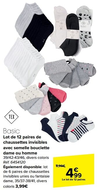 Promoties Lot de 12 paires de chaussettes invisibles avec semelle bouclette dame ou homme - Tex - Geldig van 17/04/2024 tot 29/04/2024 bij Carrefour