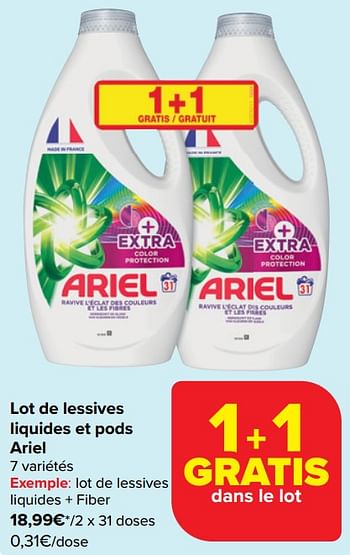 Promoties Lot de lessives liquides + fiber - Ariel - Geldig van 17/04/2024 tot 29/04/2024 bij Carrefour