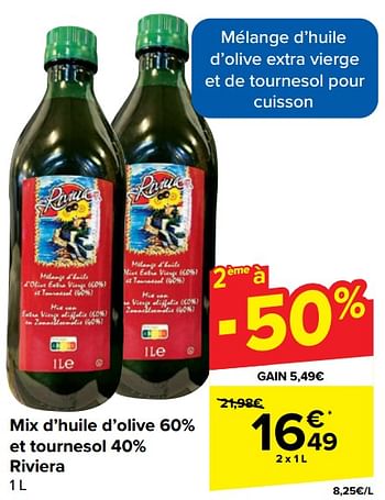 Promoties Mix d’huile d’olive 60% et tournesol 40% riviera - Riviera - Geldig van 17/04/2024 tot 29/04/2024 bij Carrefour
