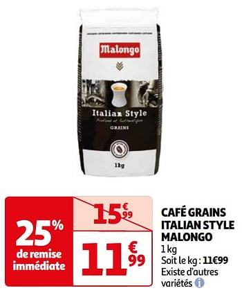 Promoties Café grains italian style malongo - Malongo - Geldig van 16/04/2024 tot 22/04/2024 bij Auchan