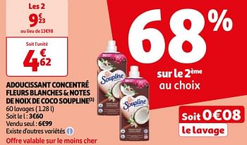 Promoties Adoucissant concentré fleurs blanches + notes de noix de coco soupline - Soupline - Geldig van 16/04/2024 tot 22/04/2024 bij Auchan