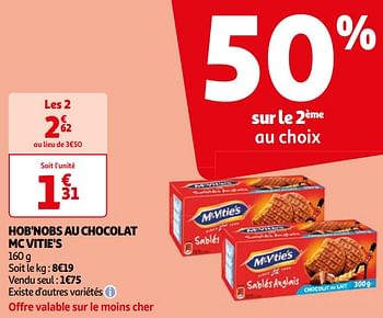 Promoties Hob`nobs au chocolat mc vitie`s - McVitie's - Geldig van 16/04/2024 tot 22/04/2024 bij Auchan