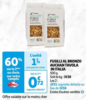 Promotions Fusilli al bronzo auchan tavola in italia - Produit Maison - Auchan Ronq - Valide de 16/04/2024 à 22/04/2024 chez Auchan Ronq