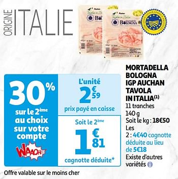 Promotions Mortadella bologna igp auchan tavola in italia - Produit Maison - Auchan Ronq - Valide de 16/04/2024 à 22/04/2024 chez Auchan Ronq