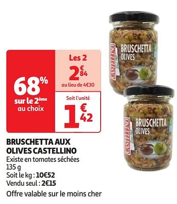 Promotions Bruschetta aux olives castellino - Castellino - Valide de 16/04/2024 à 21/04/2024 chez Auchan Ronq