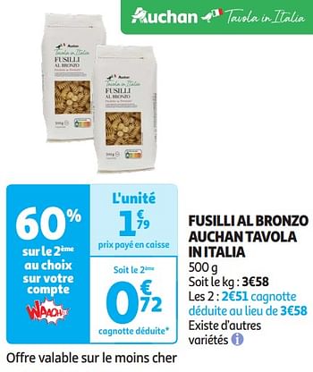 Promotions Fusilli al bronzo auchan tavola in italia - Produit Maison - Auchan Ronq - Valide de 16/04/2024 à 21/04/2024 chez Auchan Ronq