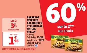 Promotions Barres de céréales cacahuètes et chocolat nature valley - Nature Valley  - Valide de 16/04/2024 à 21/04/2024 chez Auchan Ronq