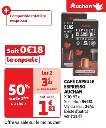 Promotions Café capsule espresso auchan - Produit Maison - Auchan Ronq - Valide de 16/04/2024 à 21/04/2024 chez Auchan Ronq
