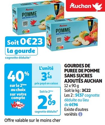 Promotions Gourdes de puree de pomme sans sucres ajoutés auchan - Produit Maison - Auchan Ronq - Valide de 16/04/2024 à 21/04/2024 chez Auchan Ronq
