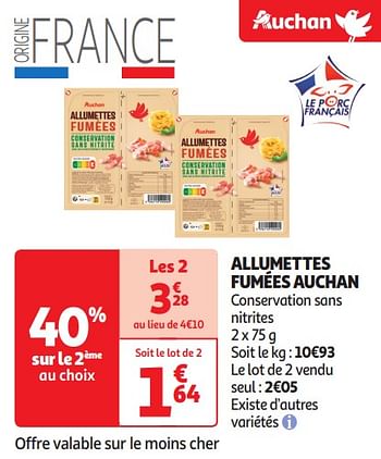Promotions Allumettes fumées auchan - Produit Maison - Auchan Ronq - Valide de 16/04/2024 à 21/04/2024 chez Auchan Ronq