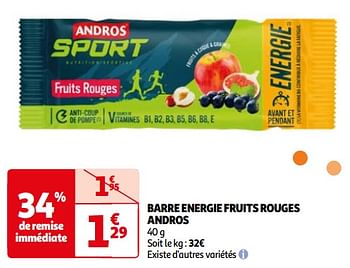 Promotions Barre energie fruits rouges andros - Andros - Valide de 16/04/2024 à 22/04/2024 chez Auchan Ronq
