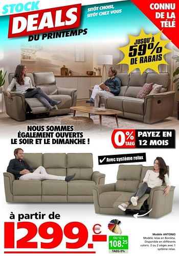 Promotions Modéle antonio - Produit maison - Seats and Sofas - Valide de 02/04/2024 à 21/04/2024 chez Seats and Sofas