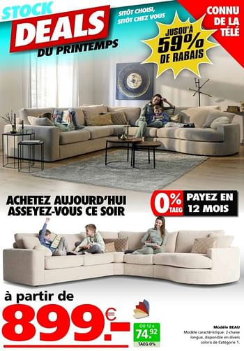 Promotions Modéle beau - Produit maison - Seats and Sofas - Valide de 02/04/2024 à 21/04/2024 chez Seats and Sofas