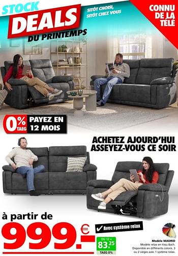 Promotions Modéle madrid - Produit maison - Seats and Sofas - Valide de 02/04/2024 à 21/04/2024 chez Seats and Sofas