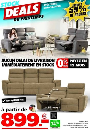 Promotions Modele opal - Produit maison - Seats and Sofas - Valide de 02/04/2024 à 21/04/2024 chez Seats and Sofas