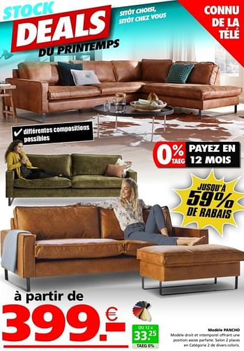 Promotions Modéle pancho - Produit maison - Seats and Sofas - Valide de 02/04/2024 à 21/04/2024 chez Seats and Sofas