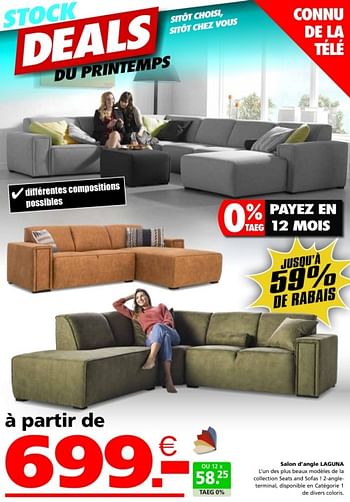 Promotions Salon d’`angle laguna - Produit maison - Seats and Sofas - Valide de 02/04/2024 à 21/04/2024 chez Seats and Sofas
