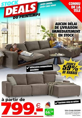 Promotions Salon d‘angle massimo - Produit maison - Seats and Sofas - Valide de 02/04/2024 à 21/04/2024 chez Seats and Sofas