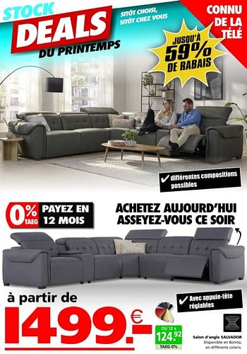 Promotions Salon d’angle salvador - Produit maison - Seats and Sofas - Valide de 02/04/2024 à 21/04/2024 chez Seats and Sofas