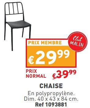 Promotions Chaise - Produit maison - Trafic  - Valide de 17/04/2024 à 22/04/2024 chez Trafic