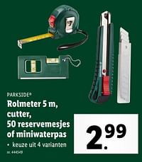Rolmeter, cutter, 50 reservemesjes of miniwaterpas-Parkside