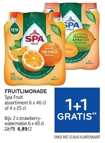 Promotions Fruitlimonade spa fruit 1+1 gratis - Spa - Valide de 24/04/2024 à 07/05/2024 chez Alvo