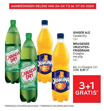 Promoties Ginger ale canada dry + bruisende vruchtenfrisdrank orangina 3+1 gratis - Huismerk - Alvo - Geldig van 24/04/2024 tot 07/05/2024 bij Alvo