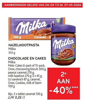 Promotions Hazelnootpasta milka + chocolade en cakes milka 2e aan -40% - Milka - Valide de 24/04/2024 à 07/05/2024 chez Alvo