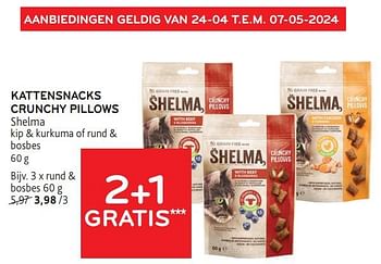 Promoties Kattensnacks crunchy pillows shelma 2+1 gratis - Shelma - Geldig van 24/04/2024 tot 07/05/2024 bij Alvo