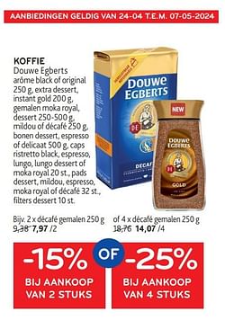 Koffie douwe egberts -15% bij aankoop van 2 stuks of -25% bij aankoop van 4 stuks