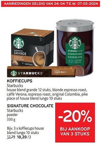 Promotions Koffiecups starbucks + signature chocolate starbucks -20% bij aankoop van 3 stuks - Starbucks - Valide de 24/04/2024 à 07/05/2024 chez Alvo