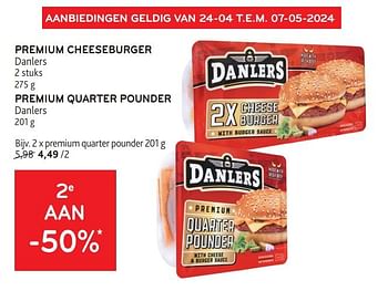 Promoties Premium cheeseburger danlers + premium quarter pounder danlers 2e aan -50% - Danlers - Geldig van 24/04/2024 tot 07/05/2024 bij Alvo
