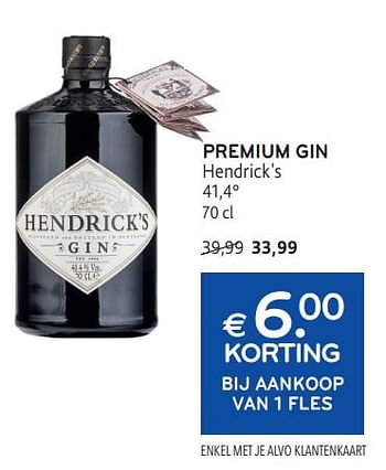 Promotions Premium gin hendrick`s € 6.00 korting bij aankoop van 1 fles - Hendrick's - Valide de 24/04/2024 à 07/05/2024 chez Alvo
