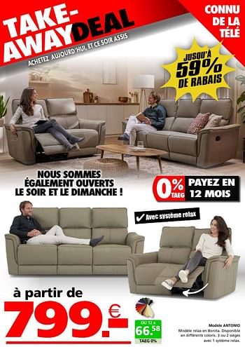Promotions Modèle antonio - Produit maison - Seats and Sofas - Valide de 22/04/2024 à 12/05/2024 chez Seats and Sofas