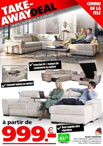 Promoties Modèle argentina - Huismerk - Seats and Sofas - Geldig van 22/04/2024 tot 12/05/2024 bij Seats and Sofas