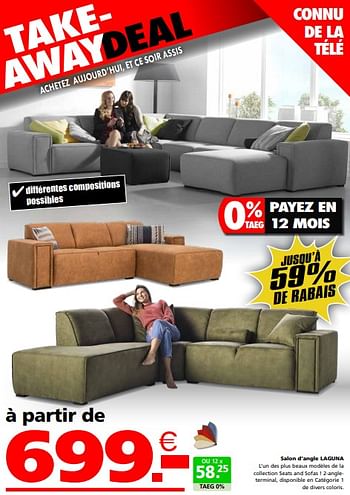 Promotions Salon d’angle laguna - Produit maison - Seats and Sofas - Valide de 22/04/2024 à 12/05/2024 chez Seats and Sofas