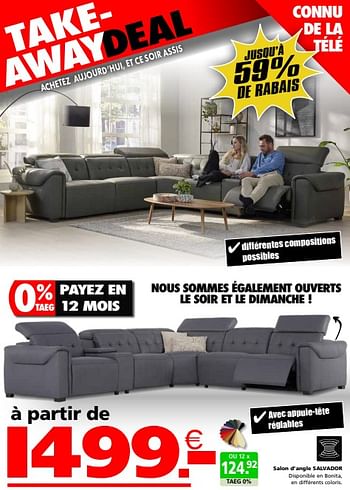 Promoties Salon d’angle salvador - Huismerk - Seats and Sofas - Geldig van 22/04/2024 tot 12/05/2024 bij Seats and Sofas