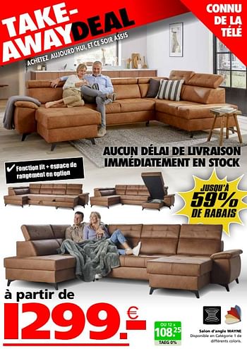Promoties Salon d’angle wayne - Huismerk - Seats and Sofas - Geldig van 22/04/2024 tot 12/05/2024 bij Seats and Sofas
