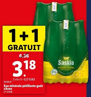 Promotions Eau minérale pétillante goût citron - Saskia - Valide de 24/04/2024 à 30/04/2024 chez Lidl