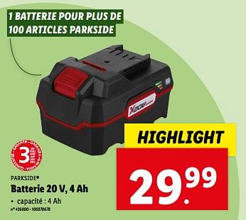 Promoties Parkside batterie 20 v, 4 ah - Parkside - Geldig van 24/04/2024 tot 30/04/2024 bij Lidl