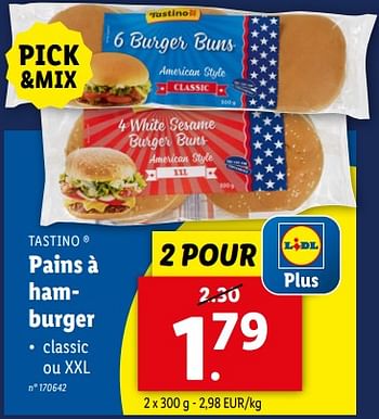 Promoties Pains à hamburger - Tastino - Geldig van 24/04/2024 tot 30/04/2024 bij Lidl