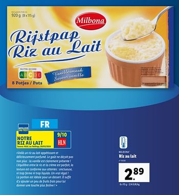 Promoties Riz au lait - Milbona - Geldig van 24/04/2024 tot 30/04/2024 bij Lidl