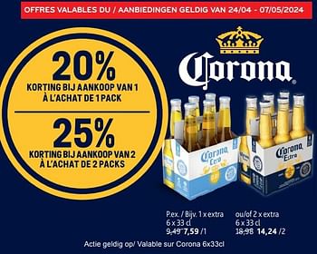 Promoties Corona extra 20% a l`achat de 1 pack 25% a l`achat de 2 pack - Corona - Geldig van 24/04/2024 tot 07/05/2024 bij Alvo
