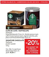 Promotions Cups de café starbucks + signature chocolate starbucks -20% à l’achat de 3 pièces - Starbucks - Valide de 24/04/2024 à 07/05/2024 chez Alvo