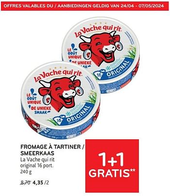 Promoties Fromage à tartiner la vache qui rit 1+1 gratis - La Vache Qui Rit - Geldig van 24/04/2024 tot 07/05/2024 bij Alvo