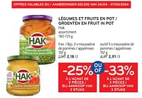 Promotions Légumes et fruits en pot hak -25% à l’achat de 2 pièces ou -33% à l’achat de 3 pièces - Hak - Valide de 24/04/2024 à 07/05/2024 chez Alvo