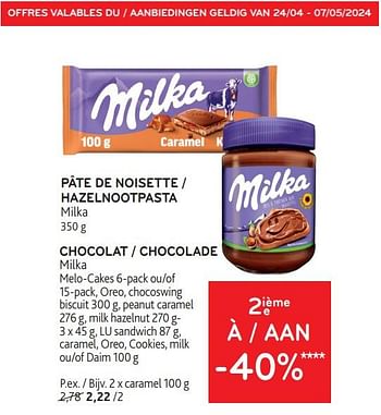 Promoties Pâte de noisette milka + chocolat milka 2ième à -40% - Milka - Geldig van 24/04/2024 tot 07/05/2024 bij Alvo