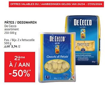 Promoties Pâtes de cecco 2ième -50% - De Cecco - Geldig van 24/04/2024 tot 07/05/2024 bij Alvo