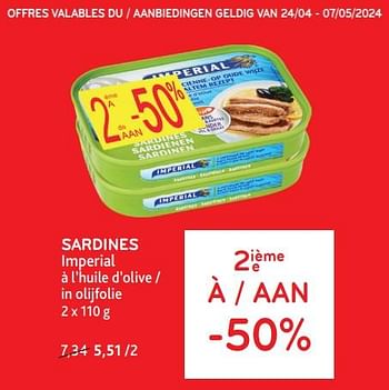 Promoties Sardines imperial 2ième à -50% - Imperial - Geldig van 24/04/2024 tot 07/05/2024 bij Alvo